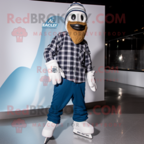 Navy Pair Of Ice Skates mascot costume character dressed with a Flannel Shirt and Beanies