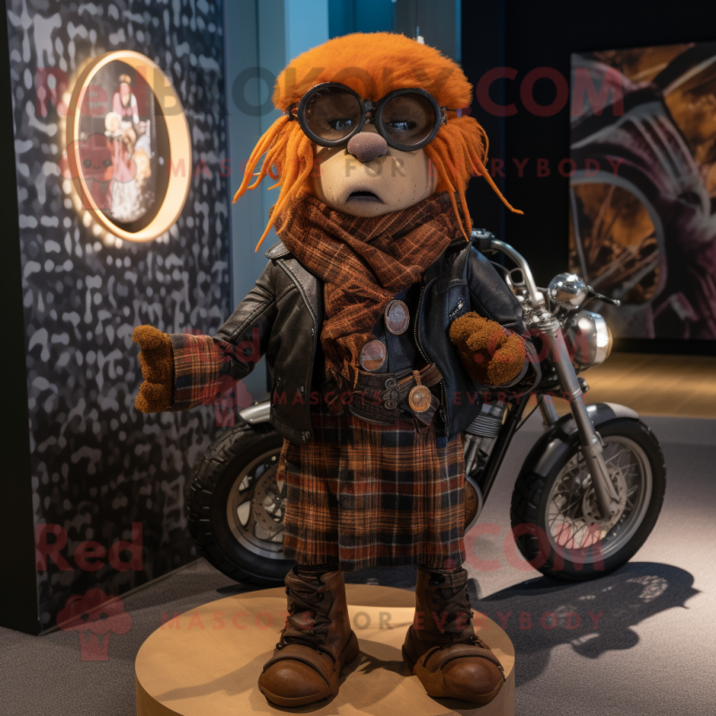 Rust Bagpipe mascot costume character dressed with a Biker Jacket and Pocket squares Rust Bagpipe mascot costume character dressed with a Biker Jacket and Pocket squares