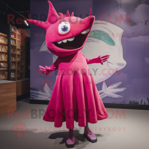 Magenta Swordfish mascot costume character dressed with a Midi Dress and Shoe clips