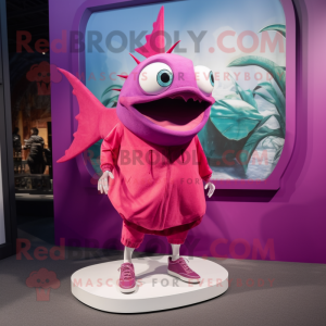 Magenta Swordfish mascot costume character dressed with a Midi Dress and Shoe clips