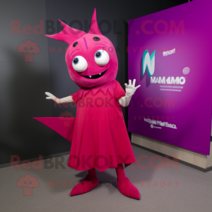 Magenta Swordfish mascot costume character dressed with a Midi Dress and Shoe clips