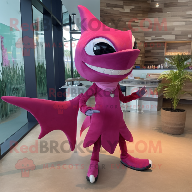 Magenta Swordfish mascot costume character dressed with a Midi Dress and Shoe clips Magenta Swordfish mascot costume character dressed with a Midi Dress and Shoe clips