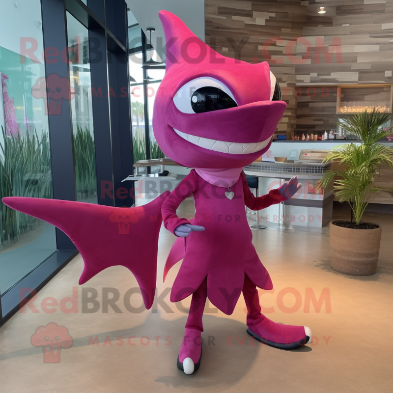 Magenta Swordfish mascot costume character dressed with a Midi Dress and Shoe clips