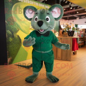 Forest Green Rat mascot costume character dressed with a Playsuit and Shoe clips