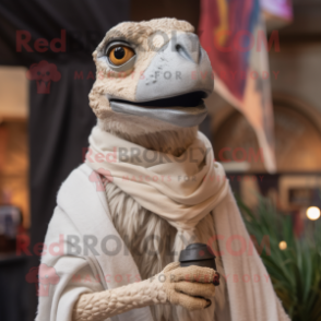 Cream Utahraptor mascot costume character dressed with a Turtleneck and Shawl pins