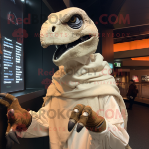 Cream Utahraptor mascot costume character dressed with a Turtleneck and Shawl pins