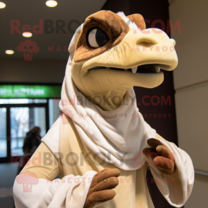 Cream Utahraptor mascot costume character dressed with a Turtleneck and Shawl pins