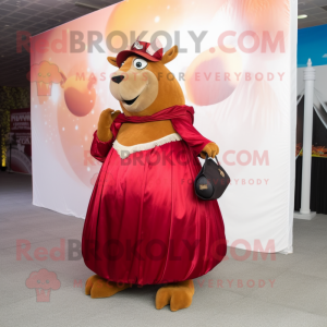 Maroon Capybara mascot costume character dressed with a Ball Gown and Clutch bags