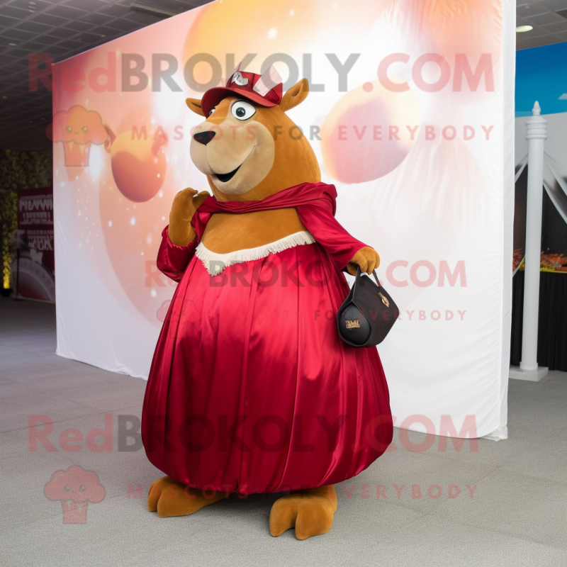Maroon Capybara mascot costume character dressed with a Ball Gown and Clutch bags Maroon Capybara mascot costume character dressed with a Ball Gown and Clutch bags