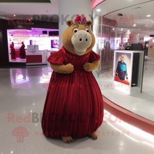Maroon Capybara mascot costume character dressed with a Ball Gown and Clutch bags