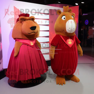 Maroon Capybara mascot costume character dressed with a Ball Gown and Clutch bags