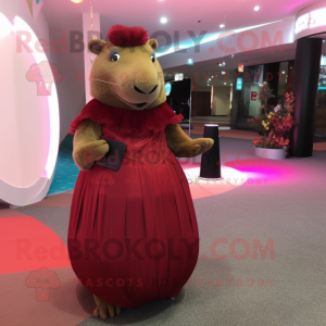 Maroon Capybara mascot costume character dressed with a Ball Gown and Clutch bags