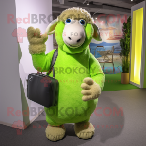Lime Green Merino Sheep mascot costume character dressed with a Cardigan and Mittens