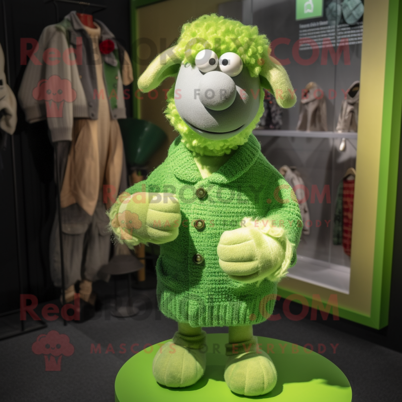 Lime Green Merino Sheep mascot costume character dressed with a Cardigan and Mittens