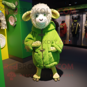 Lime Green Merino Sheep mascot costume character dressed with a Cardigan and Mittens