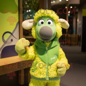 Lime Green Merino Sheep mascot costume character dressed with a Cardigan and Mittens