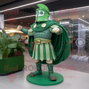 Green Roman Soldier mascot costume character dressed with a Circle Skirt and Shawl pins