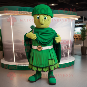 Green Roman Soldier mascot costume character dressed with a Circle Skirt and Shawl pins
