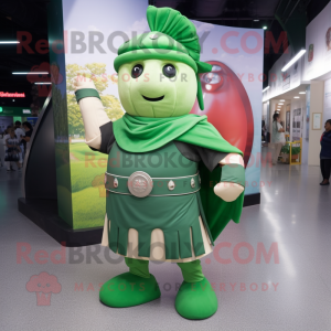 Green Roman Soldier mascot costume character dressed with a Circle Skirt and Shawl pins