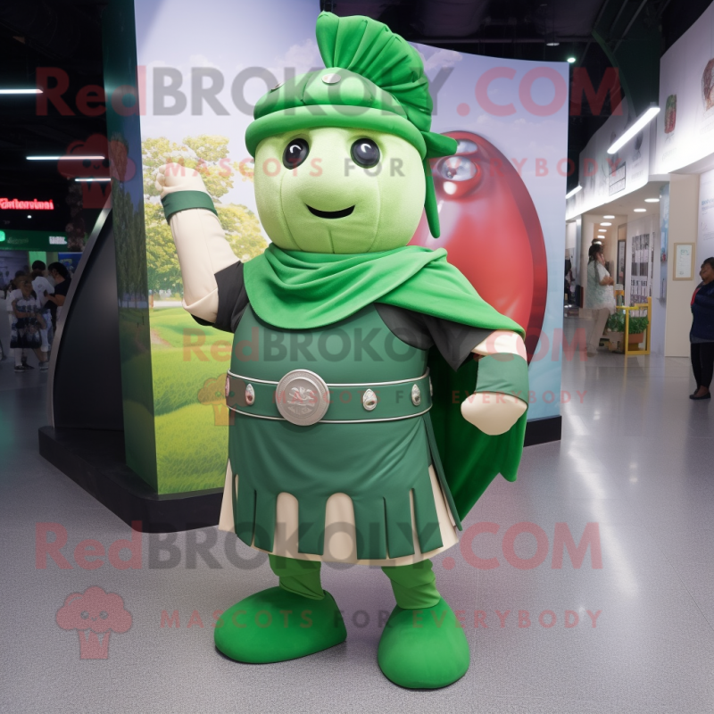Green Roman Soldier mascot costume character dressed with a Circle Skirt and Shawl pins Green Roman Soldier mascot costume character dressed with a Circle Skirt and Shawl pins