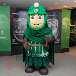 Green Roman Soldier mascot costume character dressed with a Circle Skirt and Shawl pins