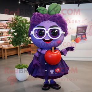 Purple Cherry mascot costume character dressed with a A-Line Skirt and Eyeglasses