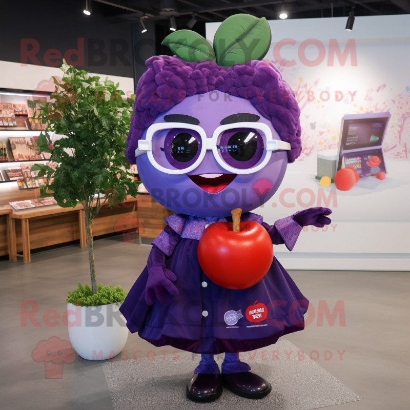 Purple Cherry mascot costume character dressed with a A-Line Skirt and Eyeglasses