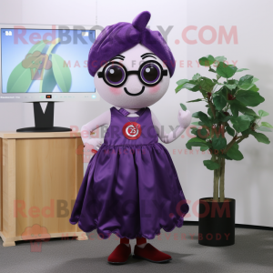 Purple Cherry mascot costume character dressed with a A-Line Skirt and Eyeglasses