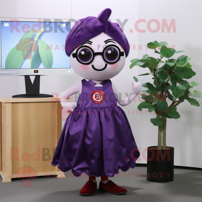 Purple Cherry mascot costume character dressed with a A-Line Skirt and Eyeglasses Purple Cherry mascot costume character dressed with a A-Line Skirt and Eyeglasses