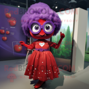 Purple Cherry mascot costume character dressed with a A-Line Skirt and Eyeglasses