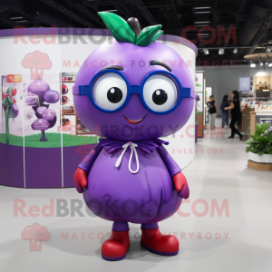 Purple Cherry mascot costume character dressed with a A-Line Skirt and Eyeglasses