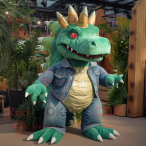 Green Stegosaurus mascot costume character dressed with a Denim Shirt and Foot pads