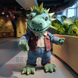 Green Stegosaurus mascot costume character dressed with a Denim Shirt and Foot pads