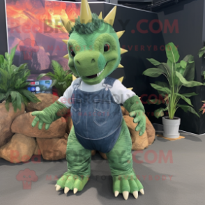 Green Stegosaurus mascot costume character dressed with a Denim Shirt and Foot pads