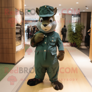 Forest Green Squirrel mascot costume character dressed with a Suit Pants and Berets