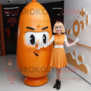 Orange Bottle Of Milk mascot costume character dressed with a Pencil Skirt and Hairpins