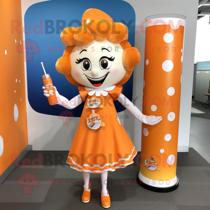 Orange Bottle Of Milk mascot costume character dressed with a Pencil Skirt and Hairpins