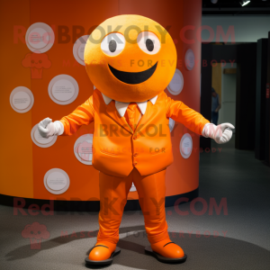 Orange Human Cannon Ball mascot costume character dressed with a Suit and Cufflinks