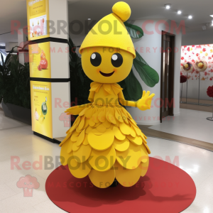 Yellow Cherry mascot costume character dressed with a Cocktail Dress and Scarf clips