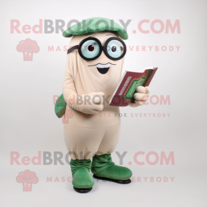 Beige Green Bean mascot costume character dressed with a Capri Pants and Reading glasses