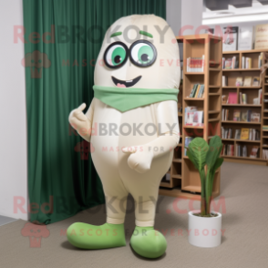 Beige Green Bean mascot costume character dressed with a Capri Pants and Reading glasses