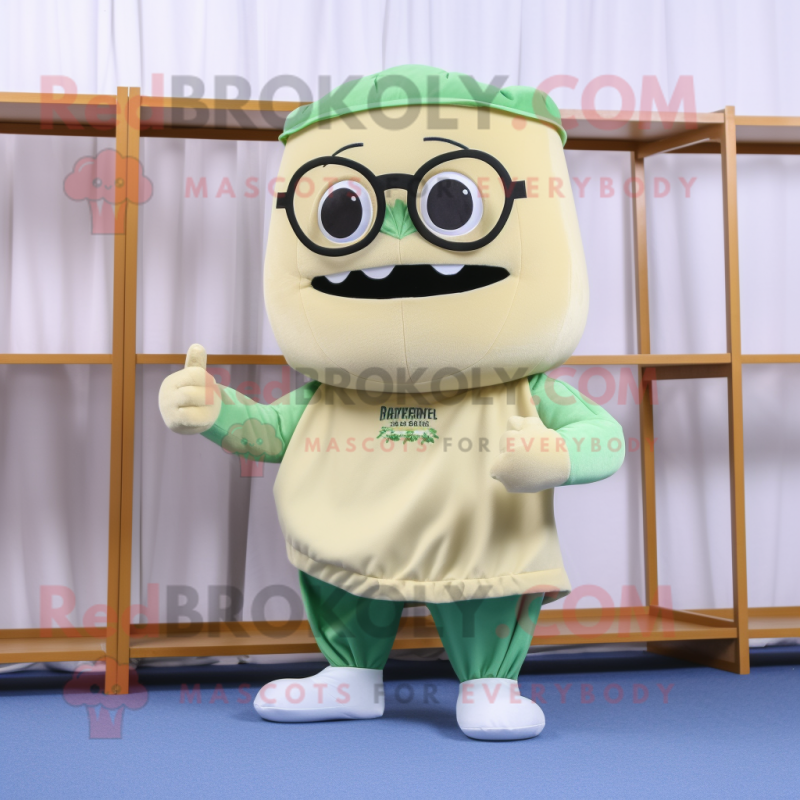 Beige Green Bean mascot costume character dressed with a Capri Pants and Reading glasses