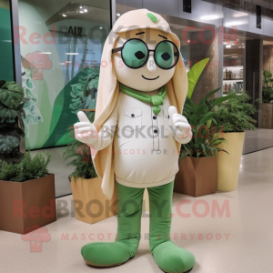 Beige Green Bean mascot costume character dressed with a Capri Pants and Reading glasses