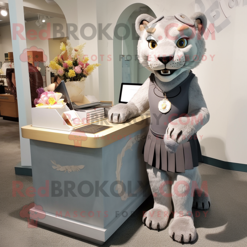 Gray Smilodon mascot costume character dressed with a Pencil Skirt and Coin purses Gray Smilodon mascot costume character dressed with a Pencil Skirt and Coin purses