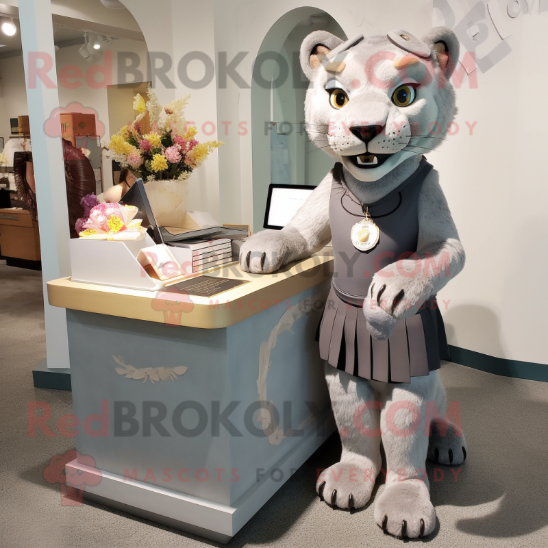 Gray Smilodon mascot costume character dressed with a Pencil Skirt and Coin purses