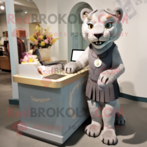Gray Smilodon mascot costume character dressed with a Pencil Skirt and Coin purses