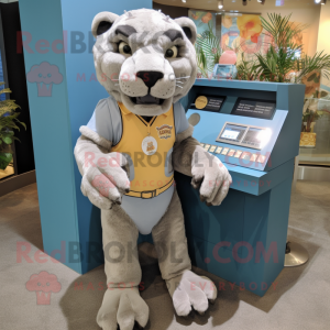 Gray Smilodon mascot costume character dressed with a Pencil Skirt and Coin purses