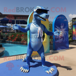 Blue Deinonychus mascot costume character dressed with a One-Piece Swimsuit and Bracelets