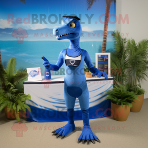 Blue Deinonychus mascot costume character dressed with a One-Piece Swimsuit and Bracelets