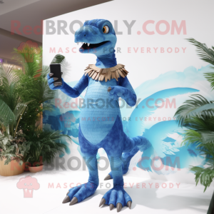 Blue Deinonychus mascot costume character dressed with a One-Piece Swimsuit and Bracelets